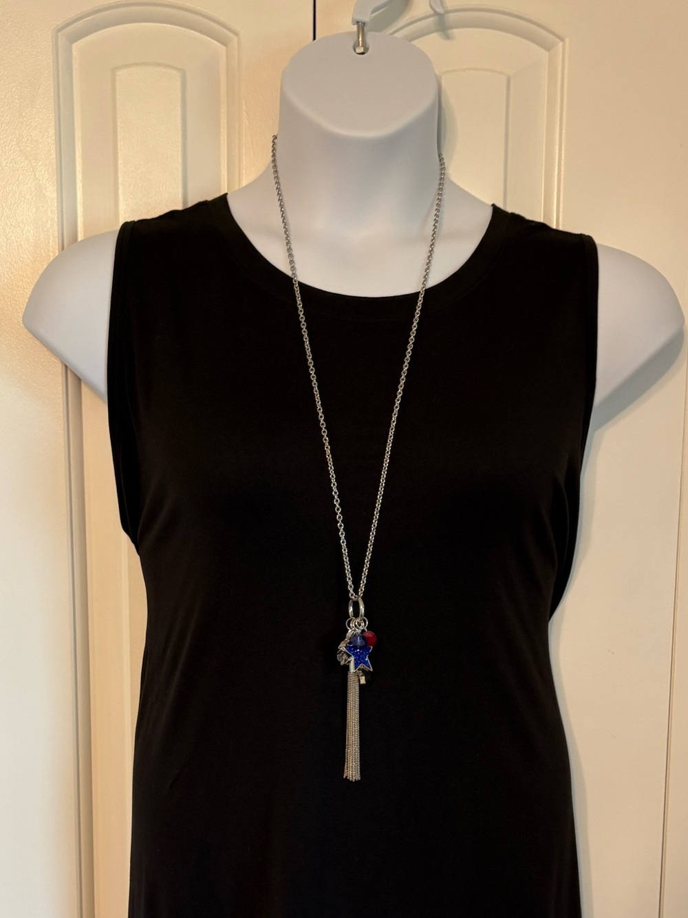 Long Silver Necklace with Blue and Red Star Charms